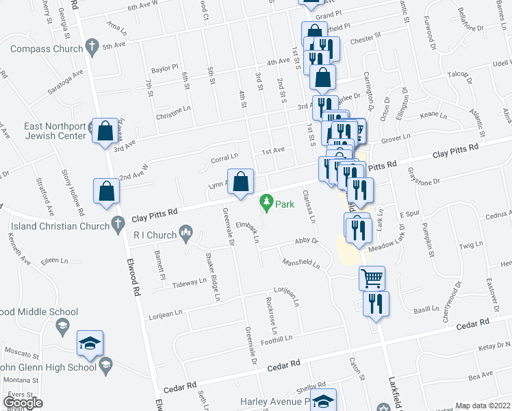map of restaurants, bars, coffee shops, grocery stores, and more near 250 Clay Pitts Road in East Northport
