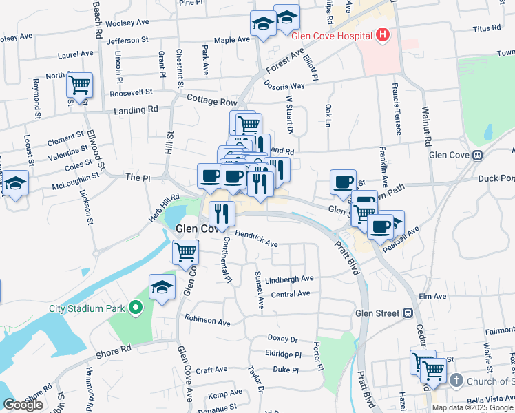 map of restaurants, bars, coffee shops, grocery stores, and more near 7 Pratt Boulevard in Glen Cove