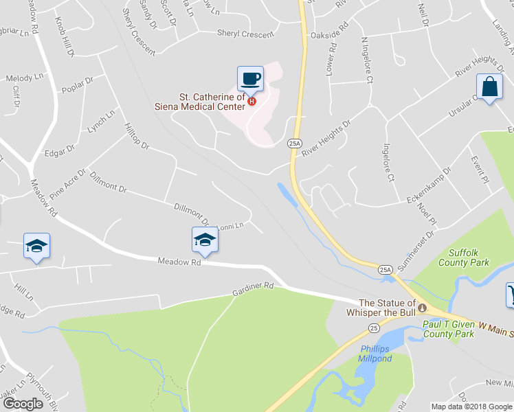map of restaurants, bars, coffee shops, grocery stores, and more near 18 Lonni Lane in Smithtown