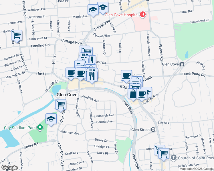 map of restaurants, bars, coffee shops, grocery stores, and more near 100 Glen Street in Glen Cove
