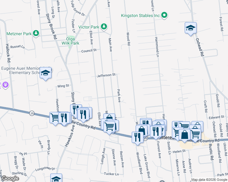 map of restaurants, bars, coffee shops, grocery stores, and more near 63 Main Avenue in Centereach
