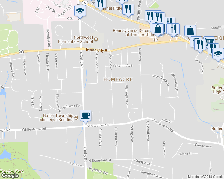 map of restaurants, bars, coffee shops, grocery stores, and more near 241 Home Avenue in Butler