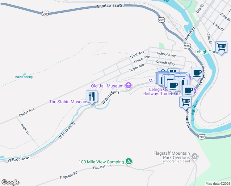 map of restaurants, bars, coffee shops, grocery stores, and more near 179 West Broadway in Jim Thorpe