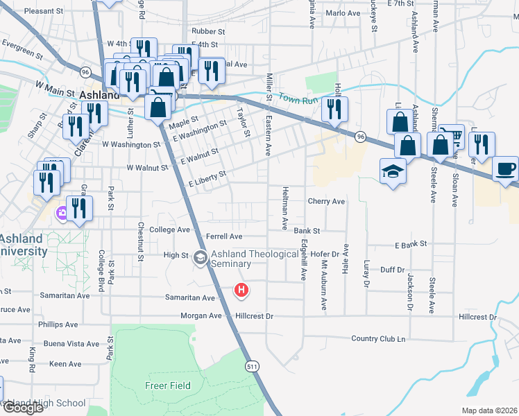 map of restaurants, bars, coffee shops, grocery stores, and more near 248 Highland Boulevard in Ashland