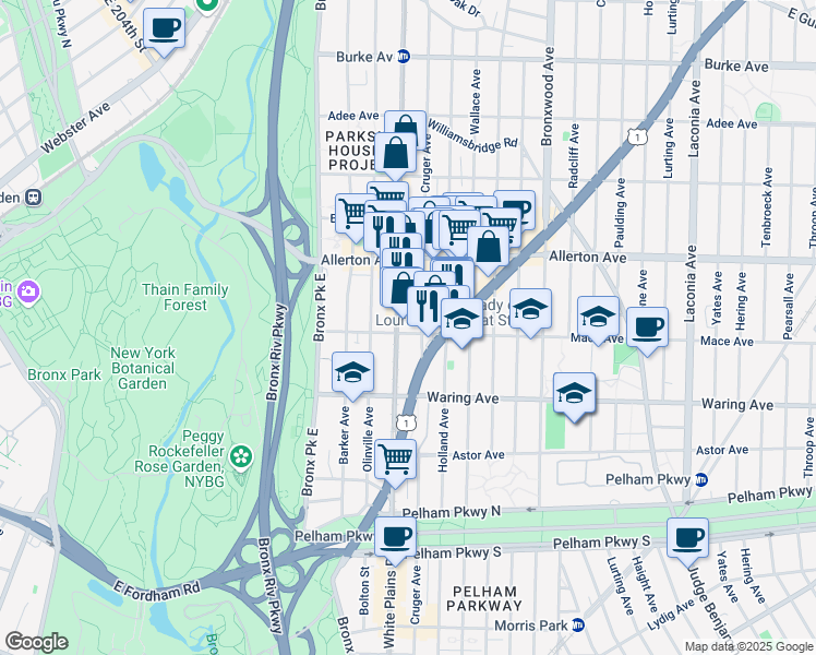 map of restaurants, bars, coffee shops, grocery stores, and more near 2506 White Plains Road in The Bronx