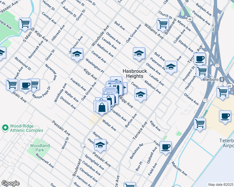 map of restaurants, bars, coffee shops, grocery stores, and more near 244 Boulevard in Hasbrouck Heights