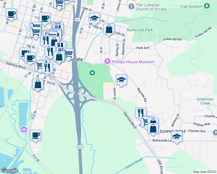 map of restaurants, bars, coffee shops, grocery stores, and more near 455 Union Street in Arcata