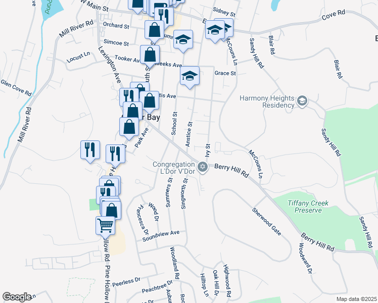 map of restaurants, bars, coffee shops, grocery stores, and more near 130 Berry Hill Road in Oyster Bay