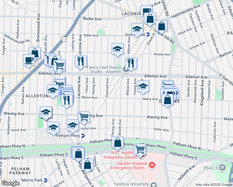 map of restaurants, bars, coffee shops, grocery stores, and more near 1255 Mace Avenue in Bronx