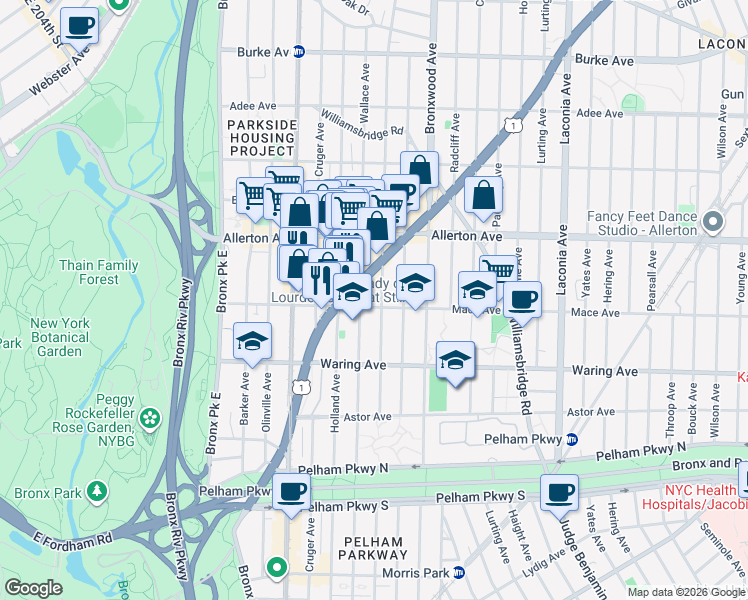 map of restaurants, bars, coffee shops, grocery stores, and more near 770 Mace Avenue in The Bronx