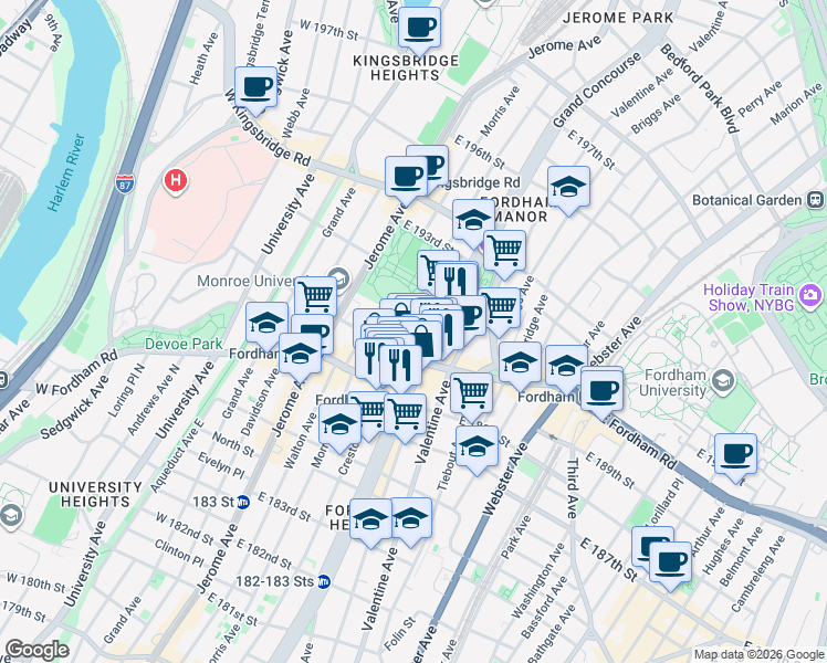 map of restaurants, bars, coffee shops, grocery stores, and more near in The Bronx