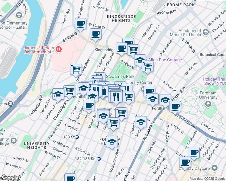 map of restaurants, bars, coffee shops, grocery stores, and more near 58 East 190th Street in Bronx