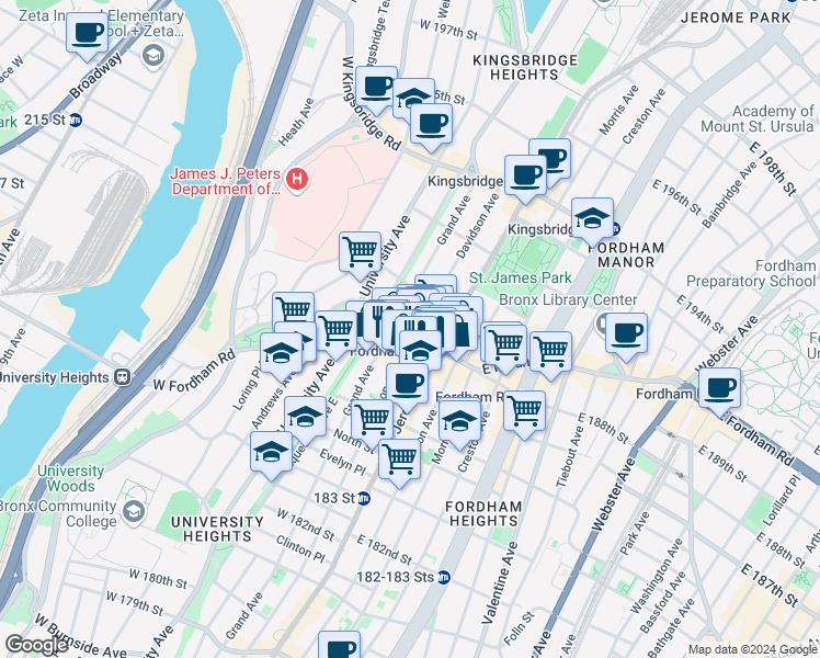 map of restaurants, bars, coffee shops, grocery stores, and more near 25 West Fordham Road in Bronx