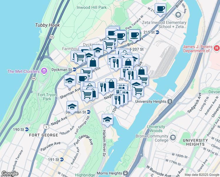 map of restaurants, bars, coffee shops, grocery stores, and more near 232 Nagle Avenue in New York