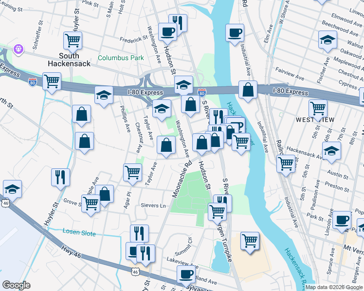 map of restaurants, bars, coffee shops, grocery stores, and more near 475 Jackson Avenue in Hackensack