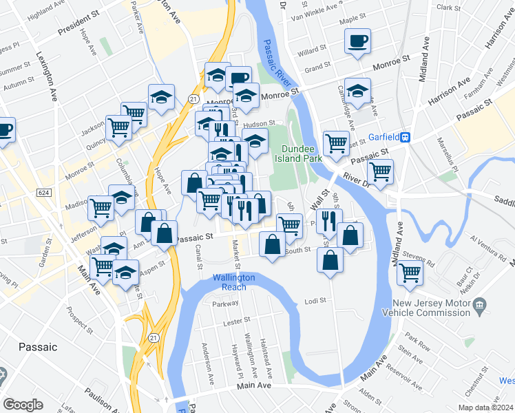 map of restaurants, bars, coffee shops, grocery stores, and more near 48 3rd Street in Passaic