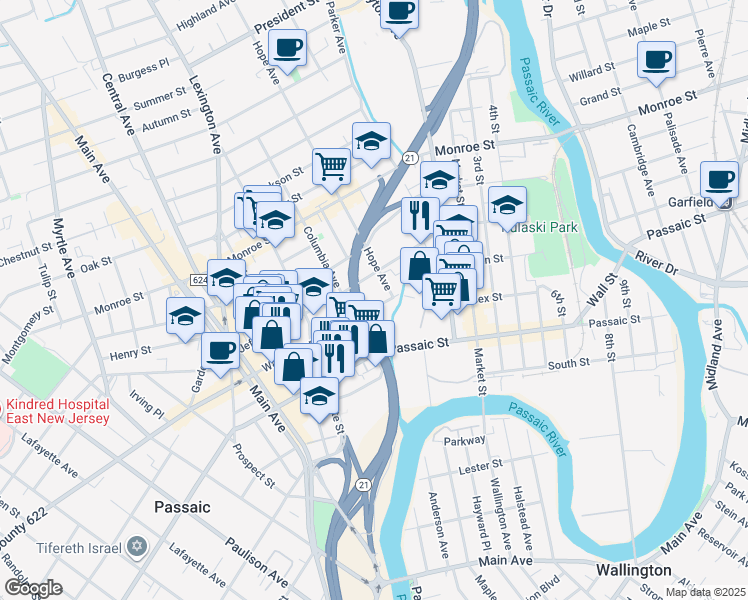 map of restaurants, bars, coffee shops, grocery stores, and more near 81 Washington Place in Passaic