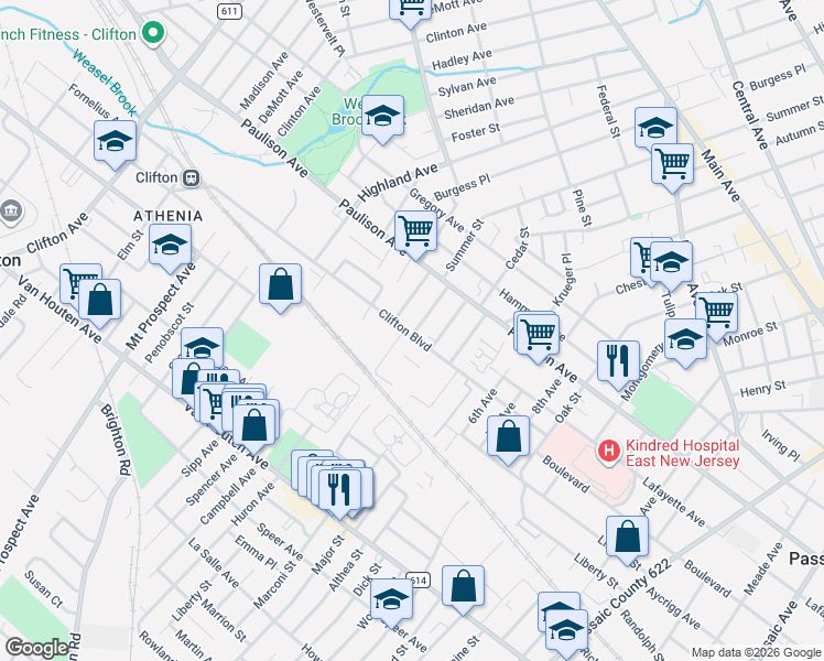 map of restaurants, bars, coffee shops, grocery stores, and more near 65 Clifton Boulevard in Clifton