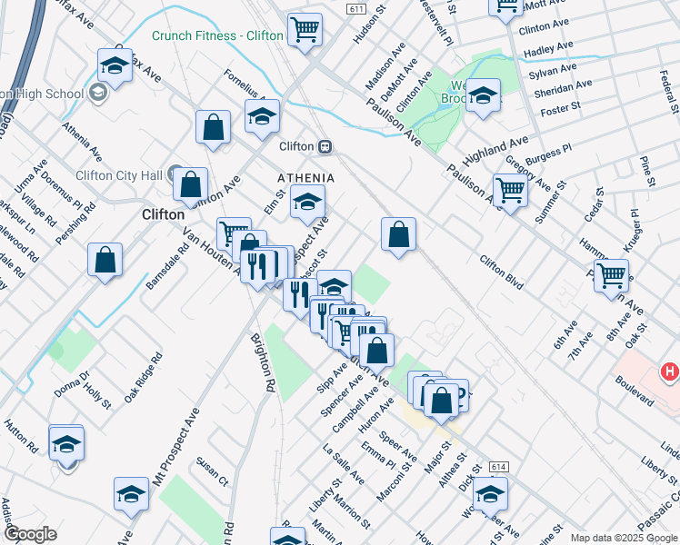 map of restaurants, bars, coffee shops, grocery stores, and more near 70 Monhegan Street in Clifton
