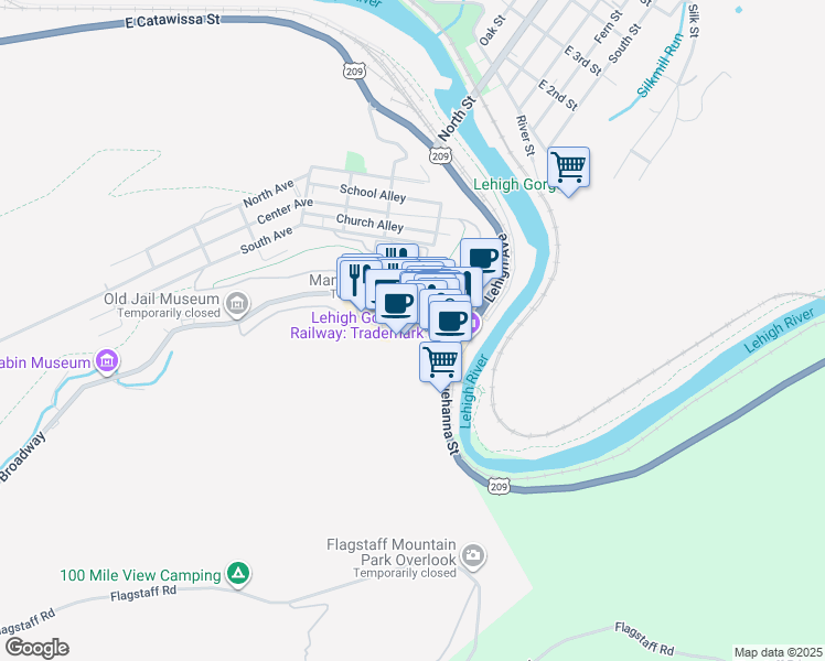 map of restaurants, bars, coffee shops, grocery stores, and more near 23 Race Street in Jim Thorpe