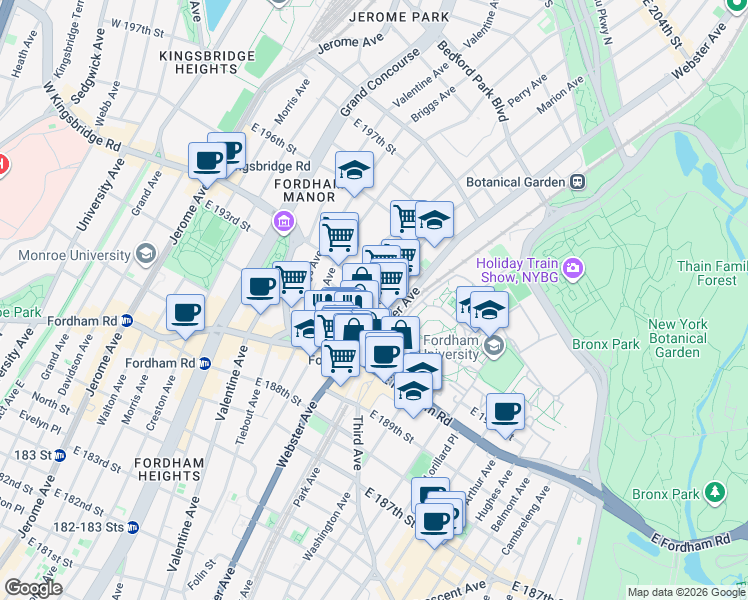map of restaurants, bars, coffee shops, grocery stores, and more near 2603 Webster Avenue in Bronx