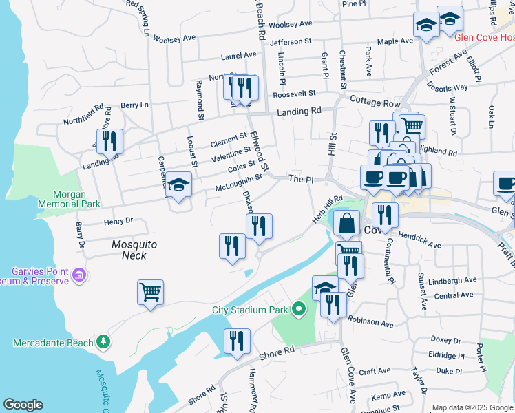 map of restaurants, bars, coffee shops, grocery stores, and more near 700 Dickson Street in Glen Cove