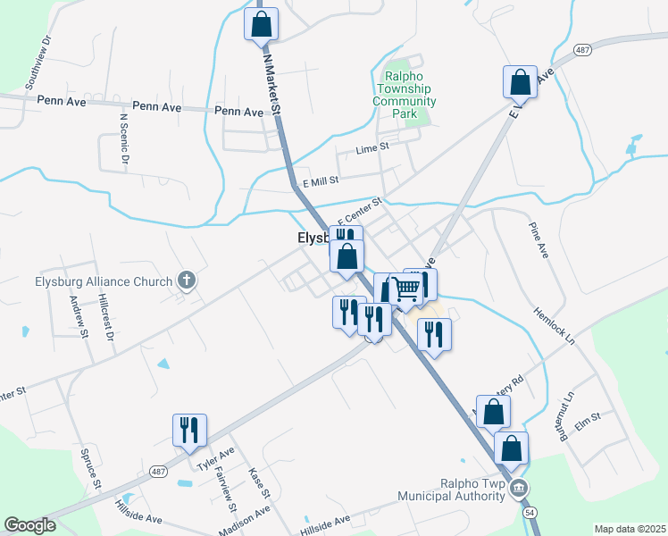 map of restaurants, bars, coffee shops, grocery stores, and more near 6 South Maple Street in Elysburg