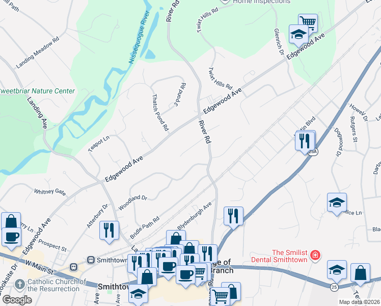 map of restaurants, bars, coffee shops, grocery stores, and more near 20 South Lot Road in Smithtown