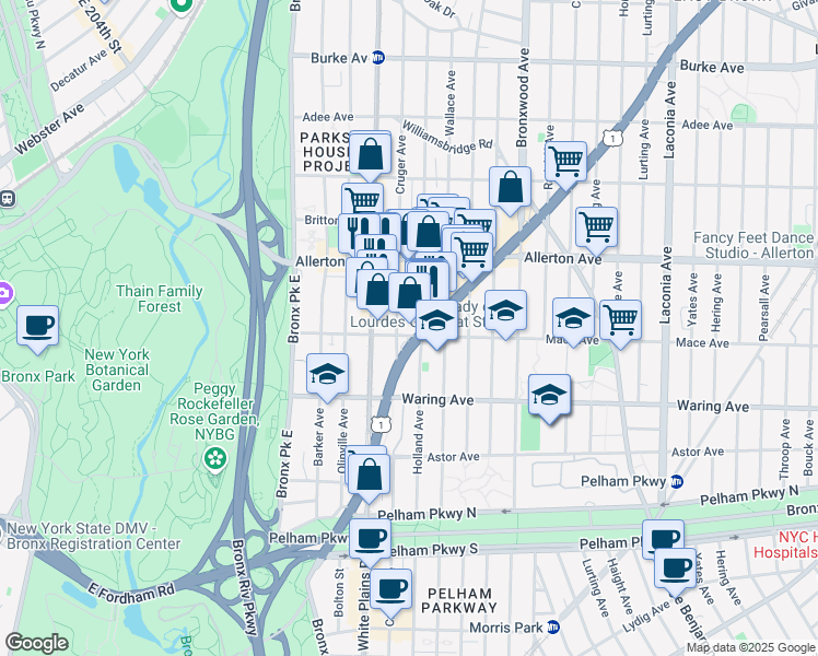 map of restaurants, bars, coffee shops, grocery stores, and more near 2499 Boston Road in Bronx