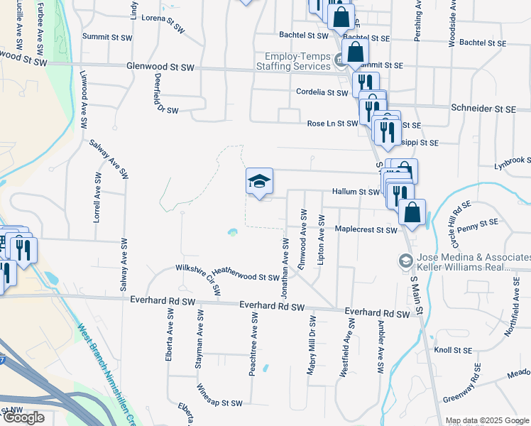 map of restaurants, bars, coffee shops, grocery stores, and more near 1305 Jonathan Avenue Southwest in North Canton