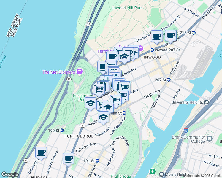 map of restaurants, bars, coffee shops, grocery stores, and more near 48 Sherman Avenue in New York