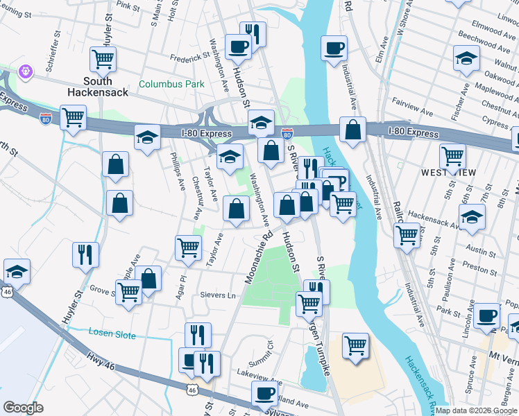 map of restaurants, bars, coffee shops, grocery stores, and more near 475 Jackson Avenue in Hackensack