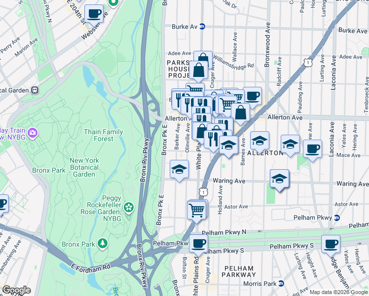 map of restaurants, bars, coffee shops, grocery stores, and more near 2505 Olinville Avenue in Bronx