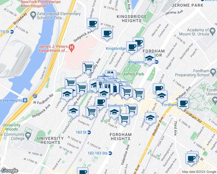 map of restaurants, bars, coffee shops, grocery stores, and more near 2467 Jerome Avenue in Bronx