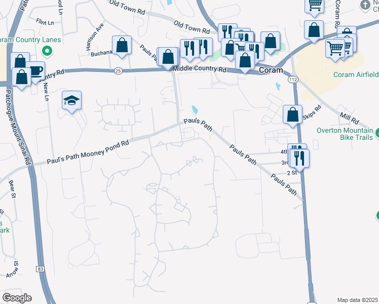 map of restaurants, bars, coffee shops, grocery stores, and more near 397 Clubhouse Court in Coram