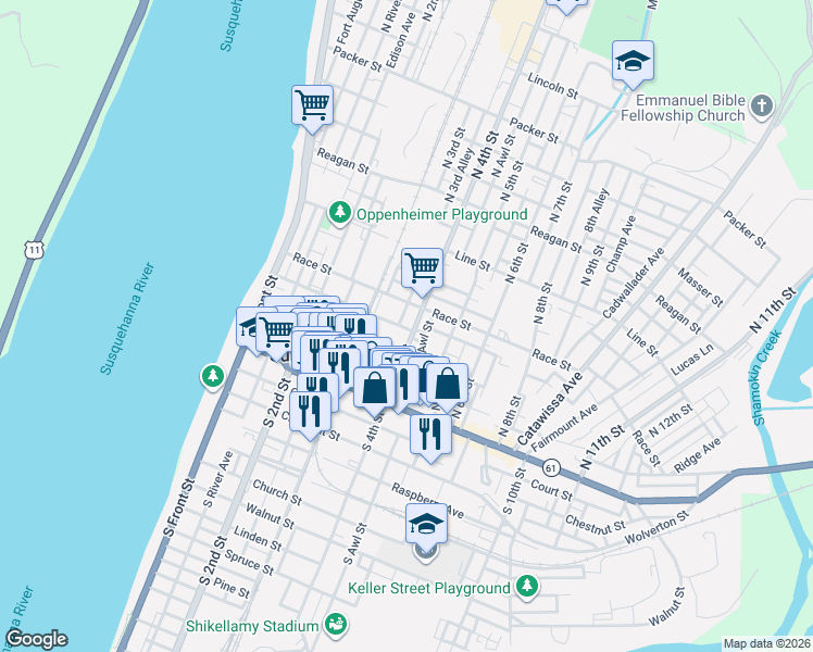 map of restaurants, bars, coffee shops, grocery stores, and more near 340 Arch Street in Sunbury