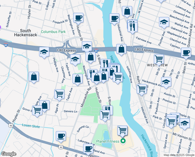 map of restaurants, bars, coffee shops, grocery stores, and more near 490 Gardner Place in Hackensack