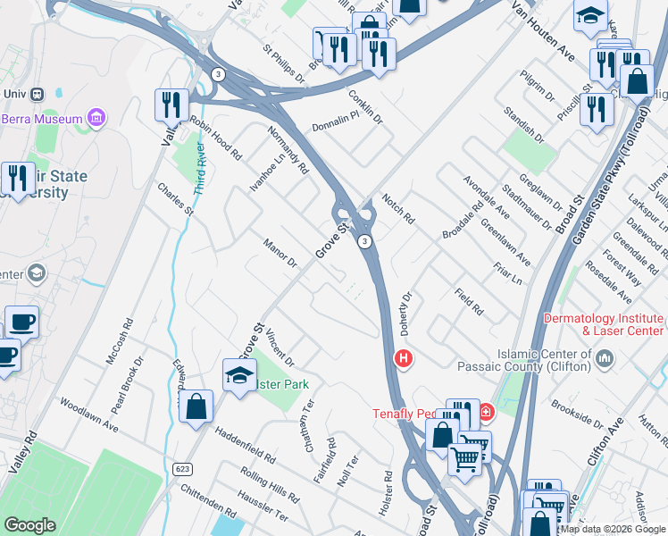 map of restaurants, bars, coffee shops, grocery stores, and more near 575 Grove Street in Clifton
