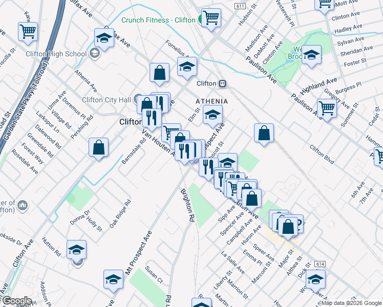 map of restaurants, bars, coffee shops, grocery stores, and more near 126 Mount Prospect Avenue in Clifton
