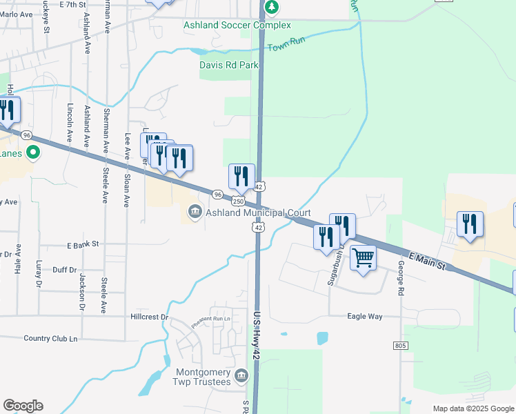 map of restaurants, bars, coffee shops, grocery stores, and more near East Main Street in Ashland