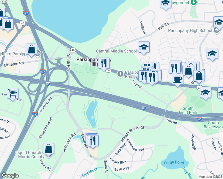 map of restaurants, bars, coffee shops, grocery stores, and more near 1715 U.S. 46 in Parsippany-Troy Hills