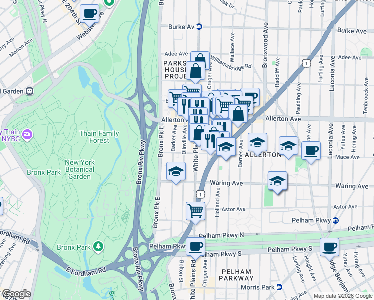 map of restaurants, bars, coffee shops, grocery stores, and more near 2504 Olinville Avenue in Bronx