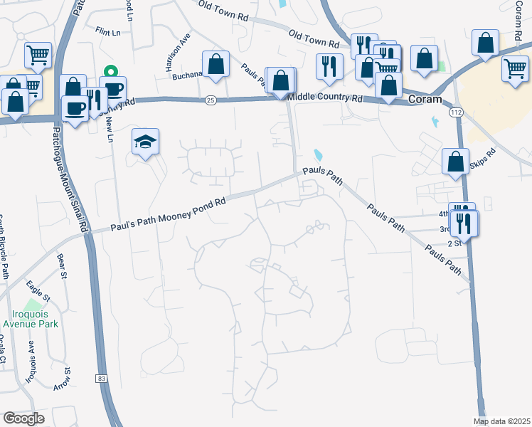 map of restaurants, bars, coffee shops, grocery stores, and more near 30 Birchwood Road in Coram