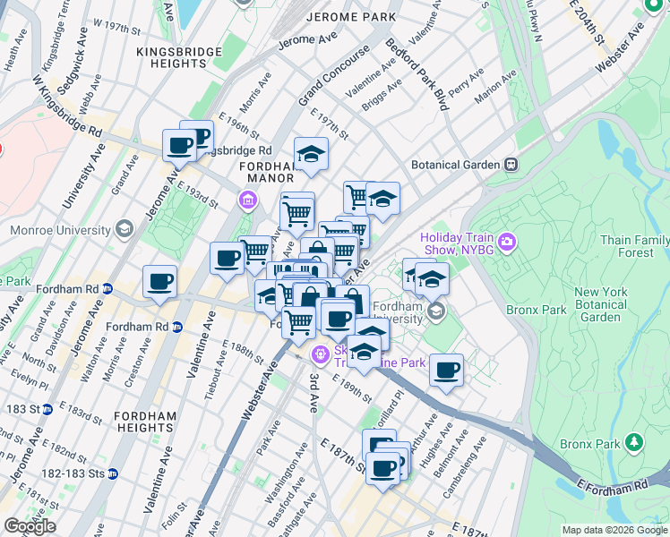 map of restaurants, bars, coffee shops, grocery stores, and more near Decatur Ave & E 194th St in Bronx