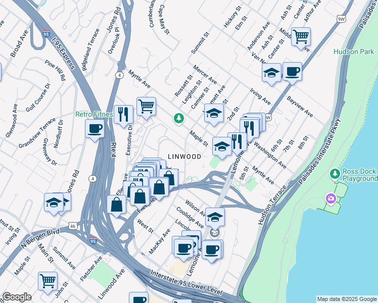 map of restaurants, bars, coffee shops, grocery stores, and more near 401 Park Place in Fort Lee
