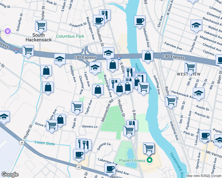 map of restaurants, bars, coffee shops, grocery stores, and more near 487 Hudson Street in Hackensack