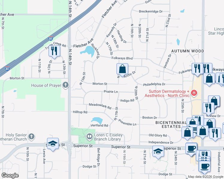 map of restaurants, bars, coffee shops, grocery stores, and more near 1630 Prairie Lane in Lincoln