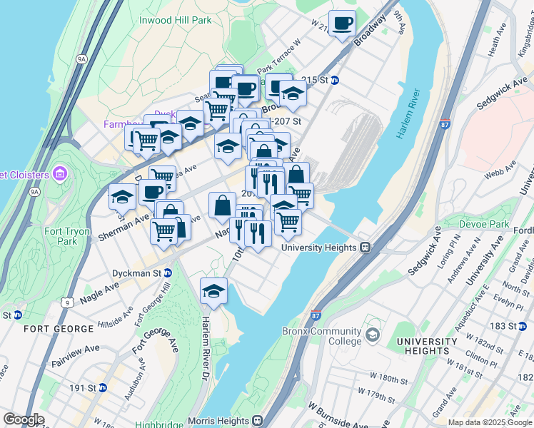 map of restaurants, bars, coffee shops, grocery stores, and more near 3822 10th Avenue in New York