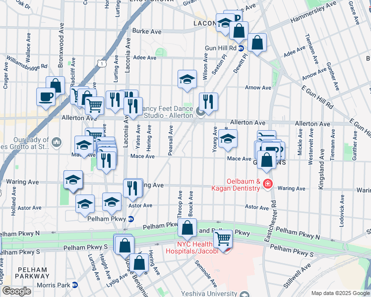 map of restaurants, bars, coffee shops, grocery stores, and more near 1255 Mace Avenue in Bronx