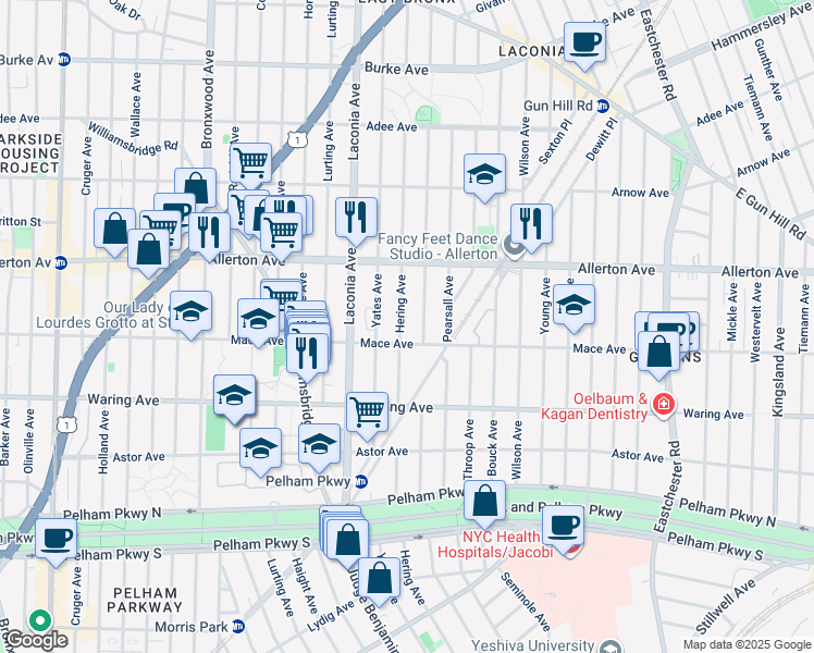 map of restaurants, bars, coffee shops, grocery stores, and more near 1145 Mace Avenue in Bronx